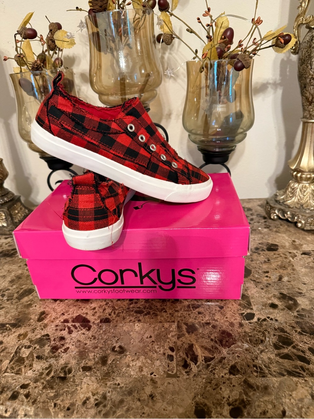 Super cute! Corkys Red and Black Plaid Slip-On Sneakers. Like New.